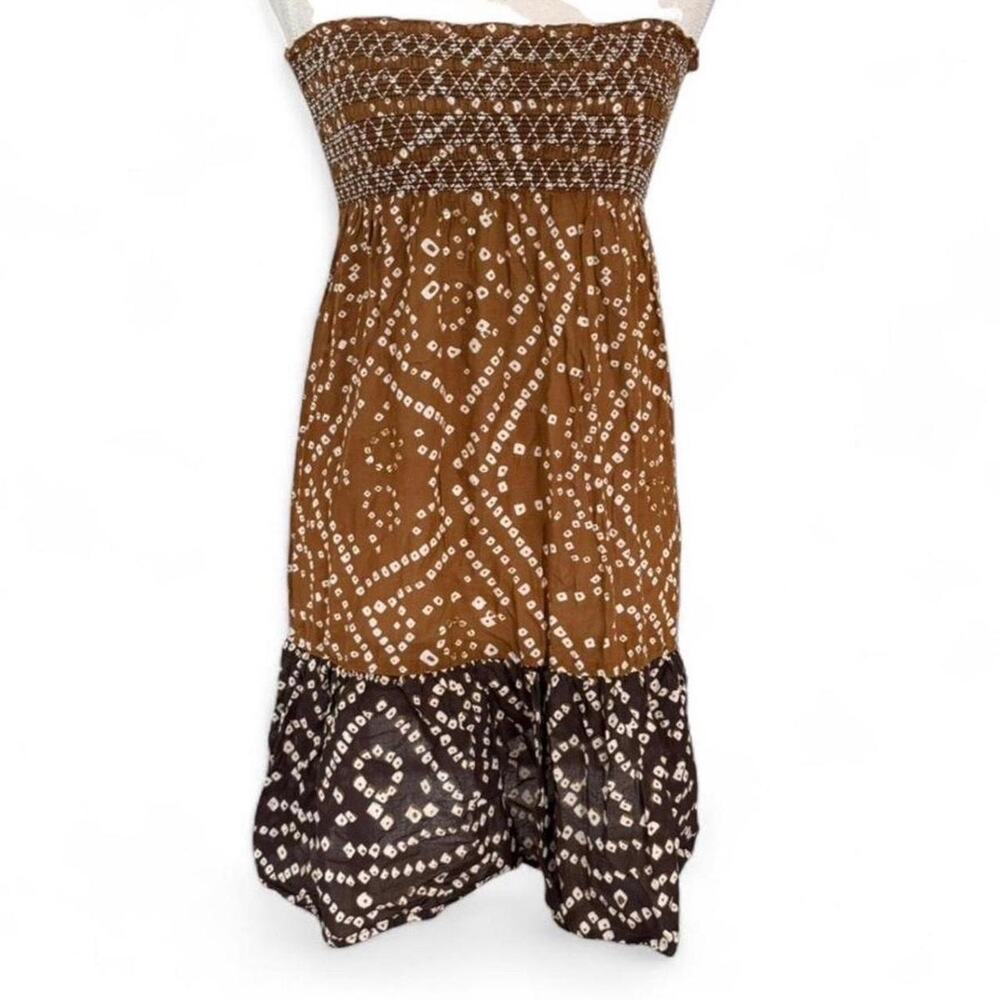 Sleevless fairy boho cottage core Brown and white cotton mini dress size Small
